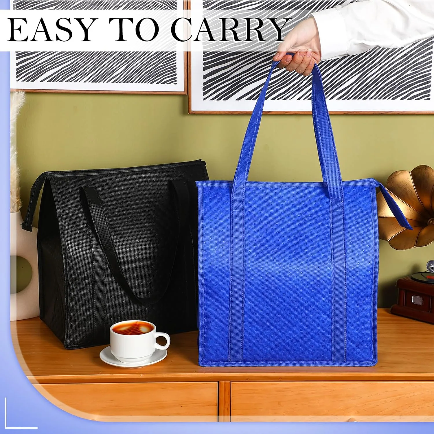 10 Pcs Insulated Shopping Bags For Groceries Large Reusable Cooler Bags Thermal Totes With Zippered Top For Hot Cold Food Delivery Refrigerator Pizza(Blue and Black)