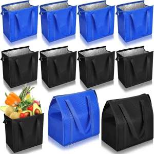 10 Pcs Insulated Shopping Bags For Groceries Large Reusable Cooler Bags Thermal Totes With Zippered Top For Hot Cold Food Delivery Refrigerator Pizza(Blue and Black)