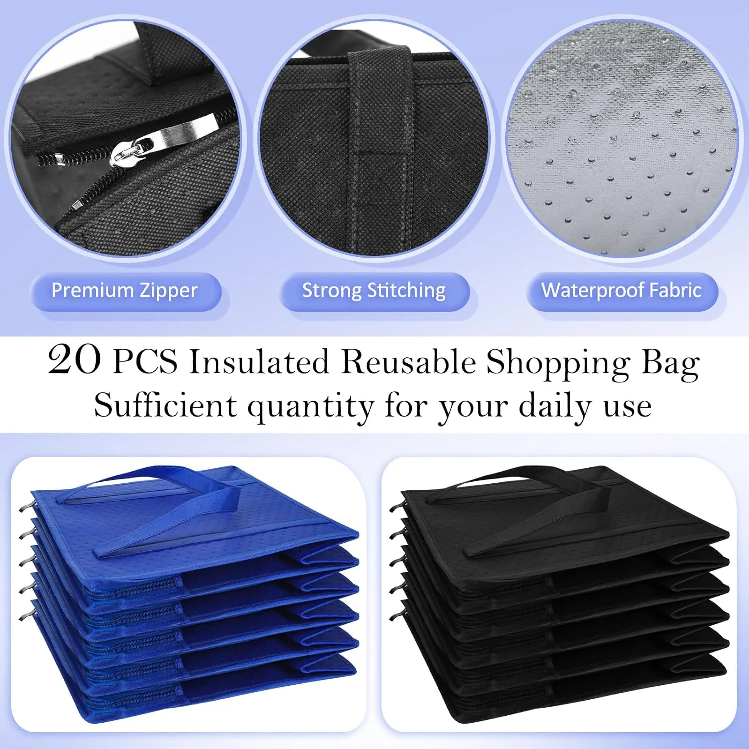 10 Pcs Insulated Shopping Bags For Groceries Large Reusable Cooler Bags Thermal Totes With Zippered Top For Hot Cold Food Delivery Refrigerator Pizza(Blue and Black)