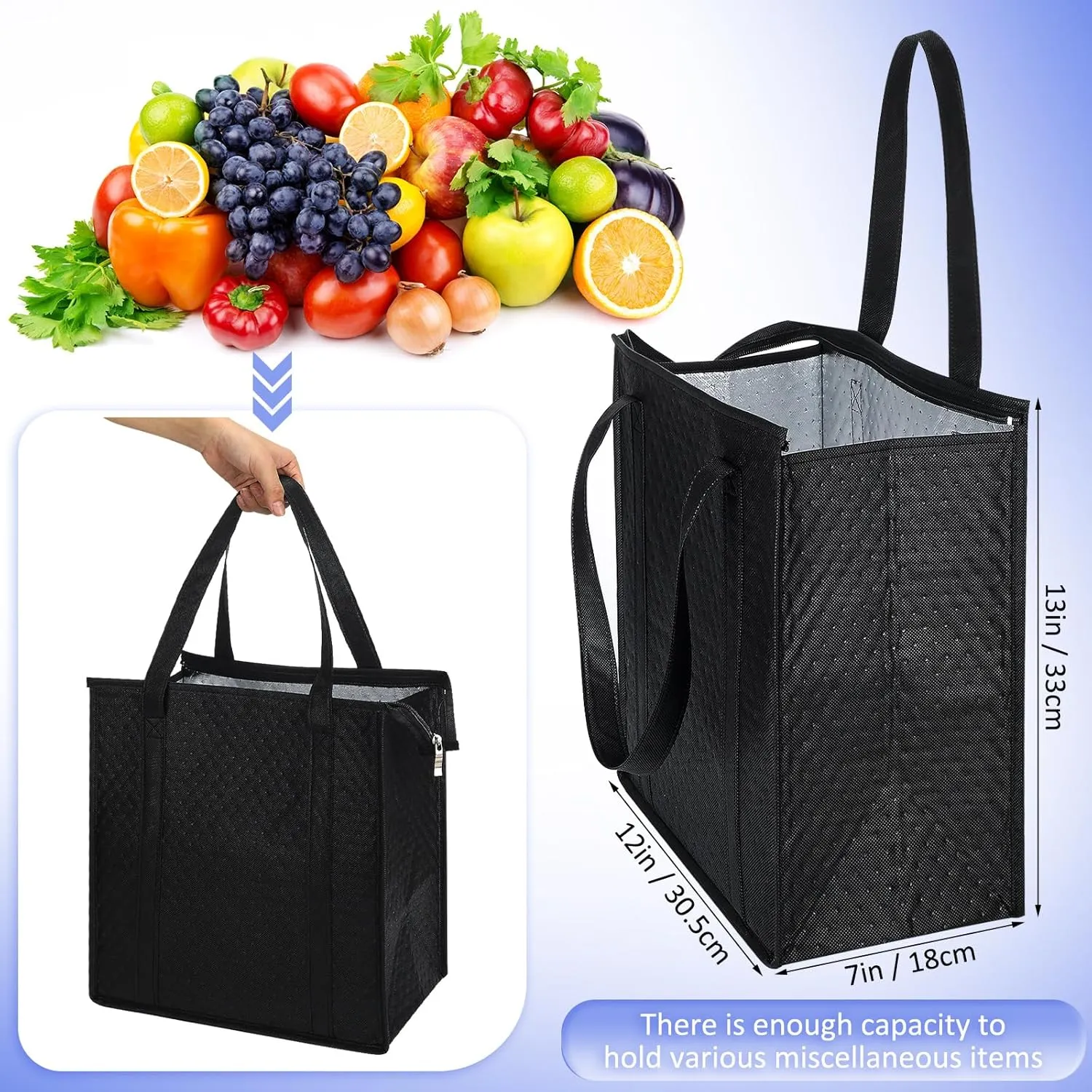 10 Pcs Insulated Shopping Bags For Groceries Large Reusable Cooler Bags Thermal Totes With Zippered Top For Hot Cold Food Delivery Refrigerator Pizza(Blue and Black)