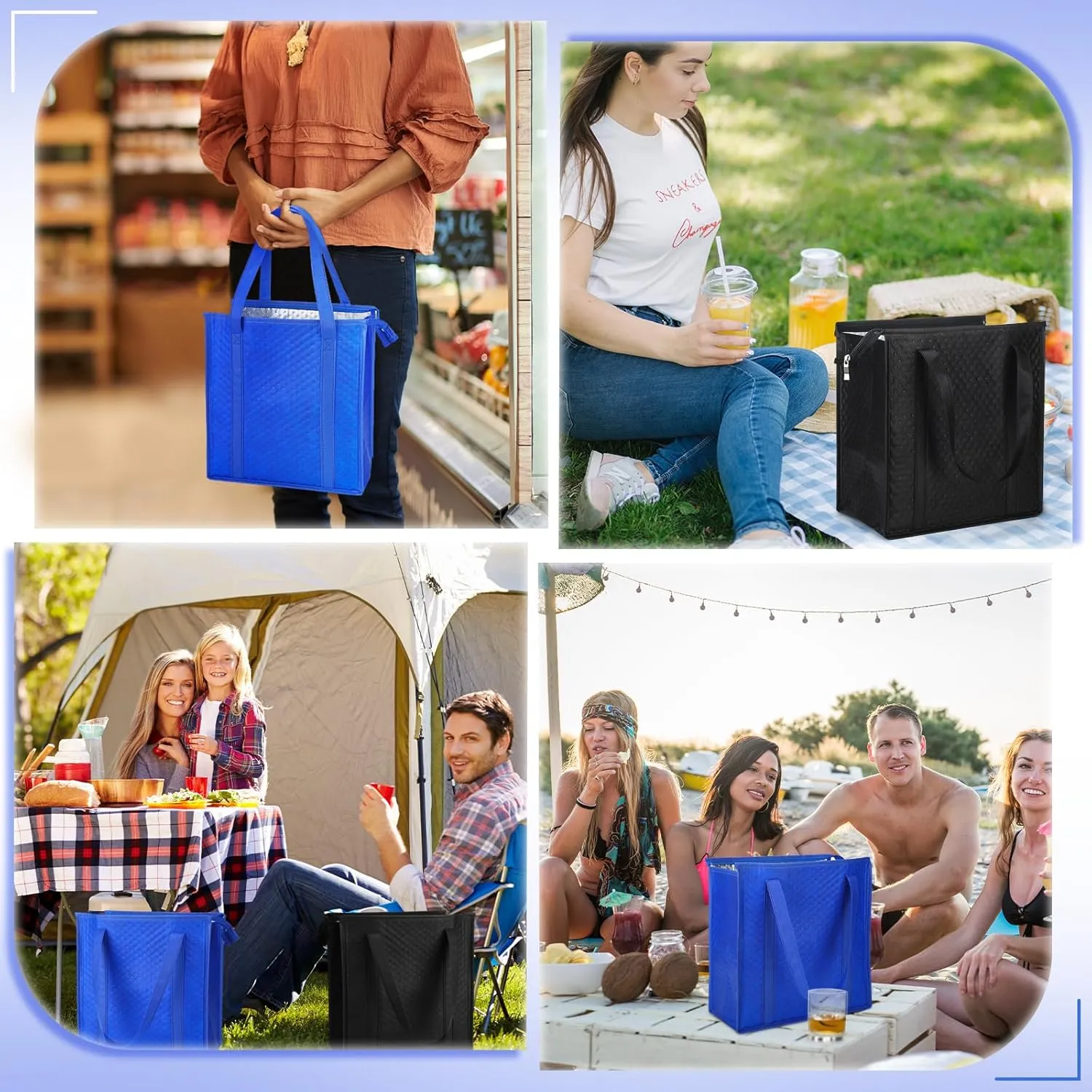 10 Pcs Insulated Shopping Bags For Groceries Large Reusable Cooler Bags Thermal Totes With Zippered Top For Hot Cold Food Delivery Refrigerator Pizza(Blue and Black)