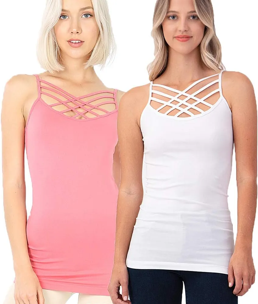 2 Pack Women Criss Cross Strappy Front Basic Round HollowOut Neck Seamless Camisole Tank Top (White-Rose, Small-Medium)