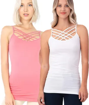 2 Pack Women Criss Cross Strappy Front Basic Round HollowOut Neck Seamless Camisole Tank Top (White-Rose, Small-Medium)