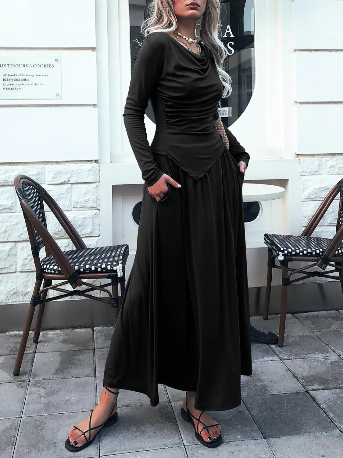 2 Piece Skirt Set for Women Ruched Long Sleeve Off Shoulder Tops Knit Maxi Skirts 2024 Fall Matching Sets with Pocket