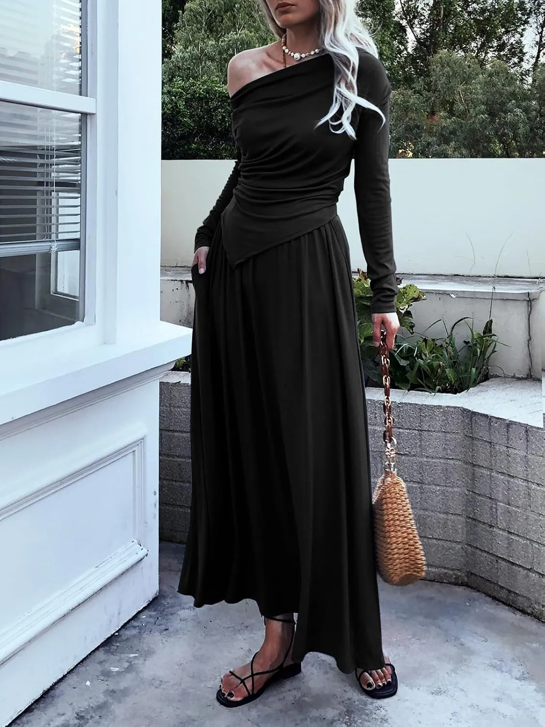 2 Piece Skirt Set for Women Ruched Long Sleeve Off Shoulder Tops Knit Maxi Skirts 2024 Fall Matching Sets with Pocket