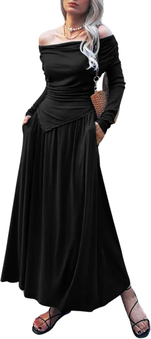 2 Piece Skirt Set for Women Ruched Long Sleeve Off Shoulder Tops Knit Maxi Skirts 2024 Fall Matching Sets with Pocket