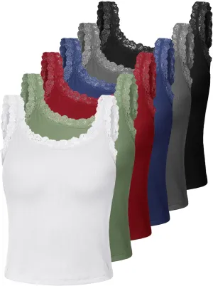 6 Pieces Lace Camisole Tank Tops for Women - Ribbed Undershirt With Lace Trim and Straps