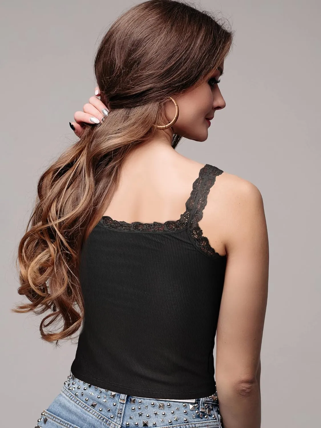 6 Pieces Lace Camisole Tank Tops for Women - Ribbed Undershirt With Lace Trim and Straps