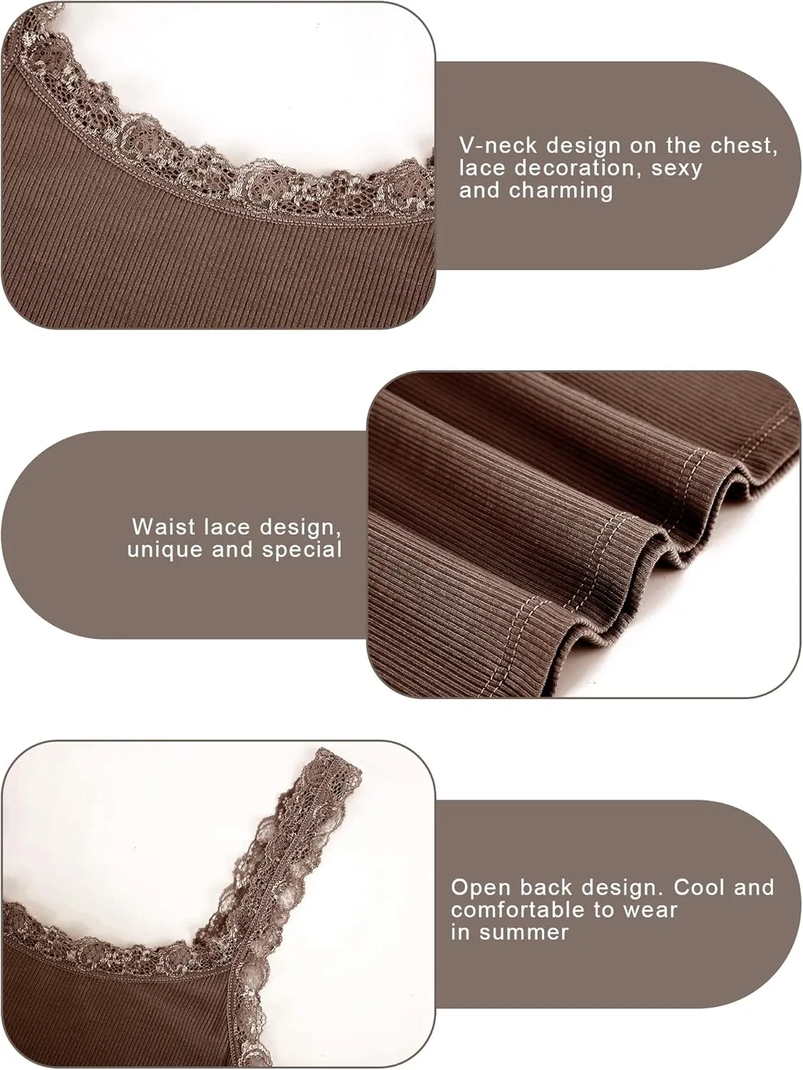 6 Pieces Lace Camisole Tank Tops for Women - Ribbed Undershirt With Lace Trim and Straps