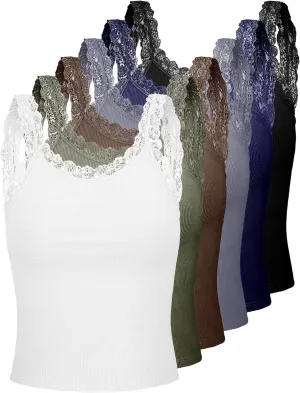 6 Pieces Lace Camisole Tank Tops for Women - Ribbed Undershirt With Lace Trim and Straps
