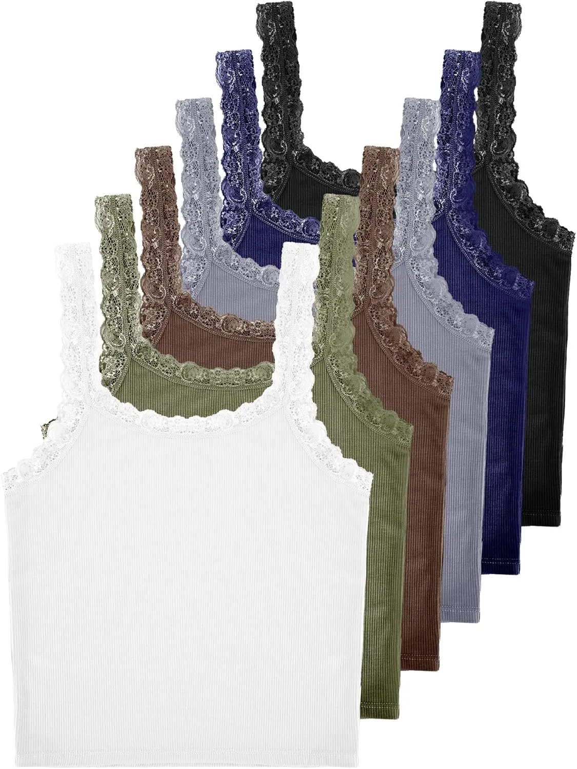 6 Pieces Lace Camisole Tank Tops for Women - Ribbed Undershirt With Lace Trim and Straps