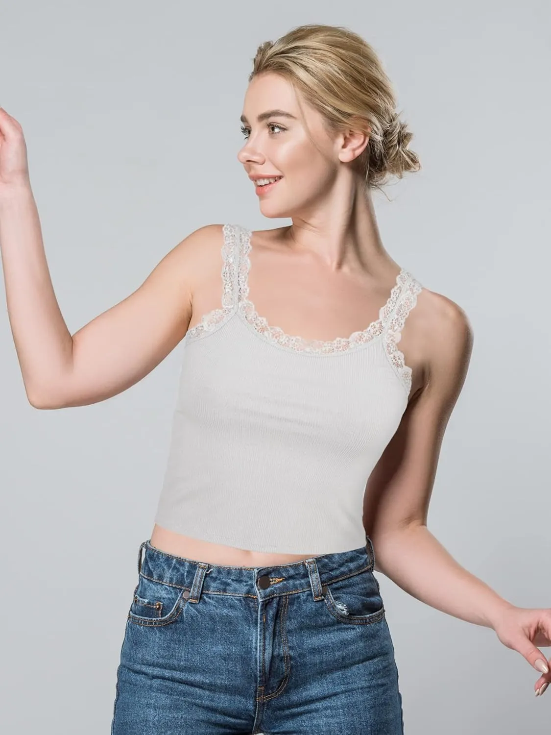 6 Pieces Lace Camisole Tank Tops for Women - Ribbed Undershirt With Lace Trim and Straps
