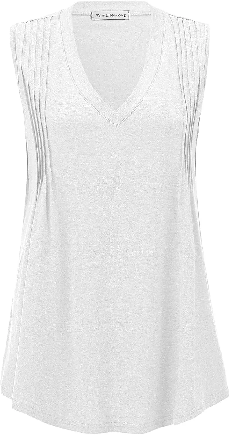7th Element Plus Size Tank Tops for Women 2025 Loose Fit V Neck Summer Pleated Sleeveless Flowy Dressy Shirt Camisoles Tunic
