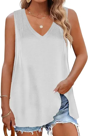 7th Element Plus Size Tank Tops for Women 2025 Loose Fit V Neck Summer Pleated Sleeveless Flowy Dressy Shirt Camisoles Tunic