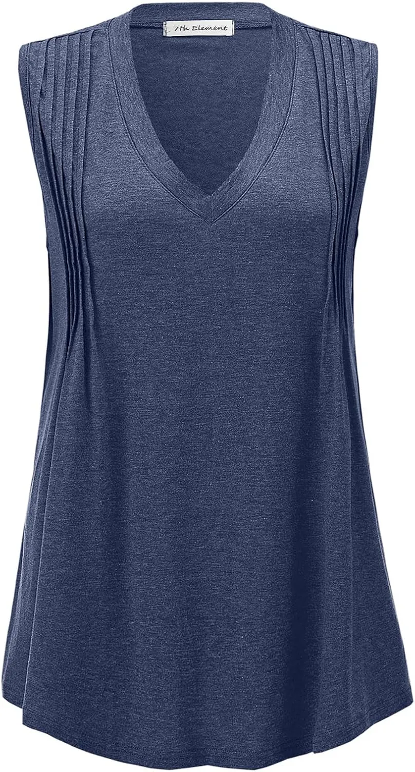 7th Element Plus Size Tank Tops for Women 2025 Loose Fit V Neck Summer Pleated Sleeveless Flowy Dressy Shirt Camisoles Tunic