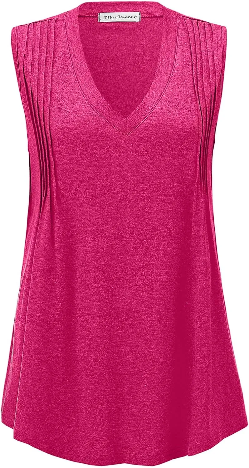 7th Element Plus Size Tank Tops for Women 2025 Loose Fit V Neck Summer Pleated Sleeveless Flowy Dressy Shirt Camisoles Tunic