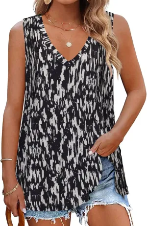 7th Element Plus Size Tank Tops for Women 2025 Loose Fit V Neck Summer Pleated Sleeveless Flowy Dressy Shirt Camisoles Tunic