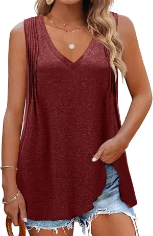 7th Element Plus Size Tank Tops for Women 2025 Loose Fit V Neck Summer Pleated Sleeveless Flowy Dressy Shirt Camisoles Tunic