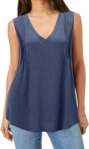 7th Element Plus Size Tank Tops for Women 2025 Loose Fit V Neck Summer Pleated Sleeveless Flowy Dressy Shirt Camisoles Tunic