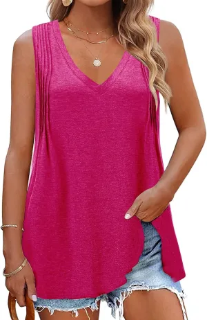 7th Element Plus Size Tank Tops for Women 2025 Loose Fit V Neck Summer Pleated Sleeveless Flowy Dressy Shirt Camisoles Tunic