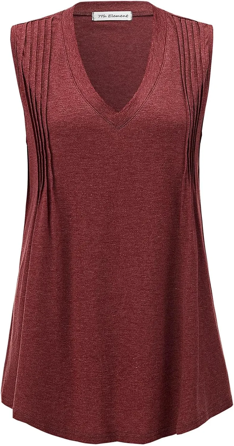 7th Element Plus Size Tank Tops for Women 2025 Loose Fit V Neck Summer Pleated Sleeveless Flowy Dressy Shirt Camisoles Tunic