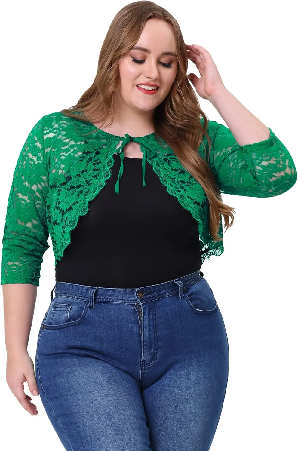 Agnes Orinda Bolero Cardigan for Women's Plus Size Office Tie Front Crop Floral Sheer Lace Shrug