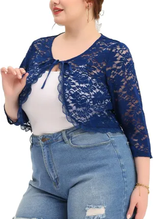 Agnes Orinda Bolero Cardigan for Women's Plus Size Office Tie Front Crop Floral Sheer Lace Shrug