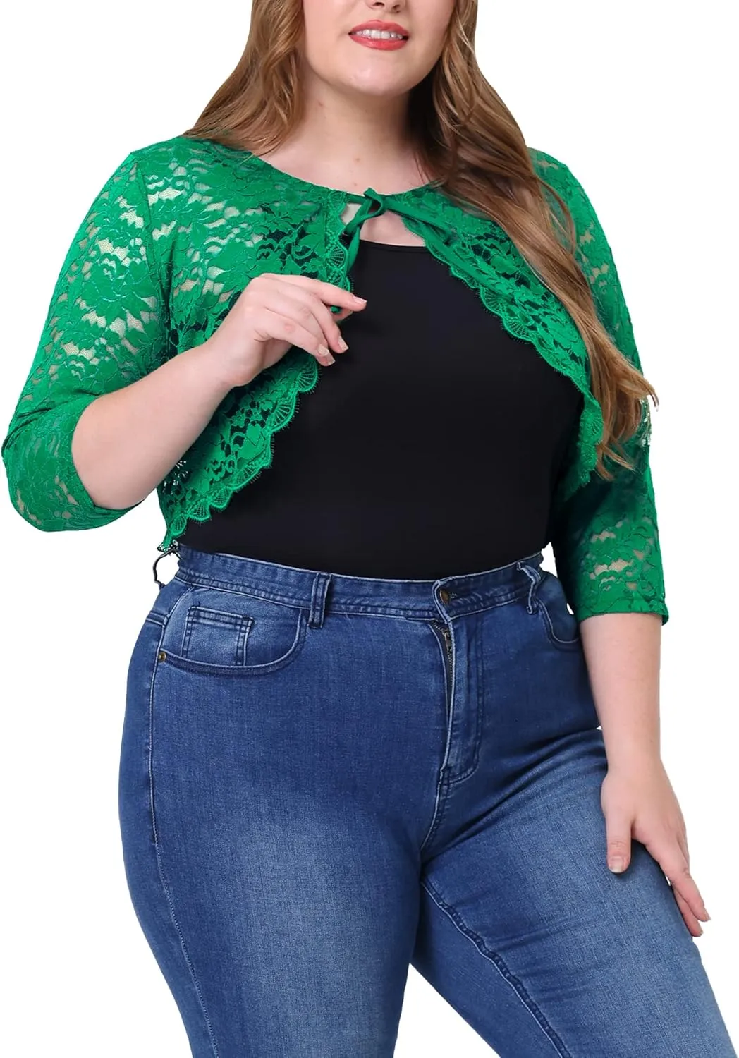 Agnes Orinda Bolero Cardigan for Women's Plus Size Office Tie Front Crop Floral Sheer Lace Shrug