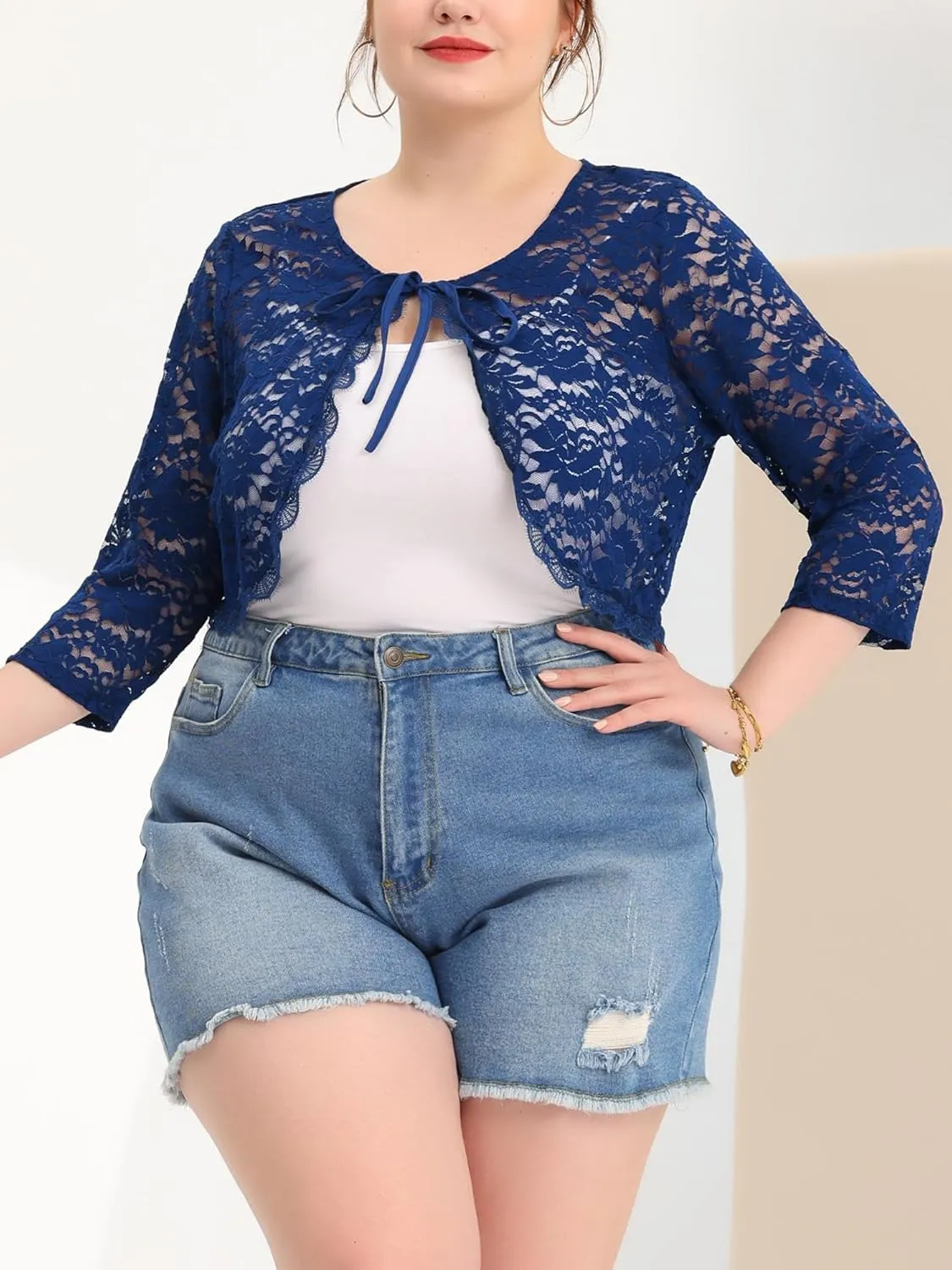 Agnes Orinda Bolero Cardigan for Women's Plus Size Office Tie Front Crop Floral Sheer Lace Shrug