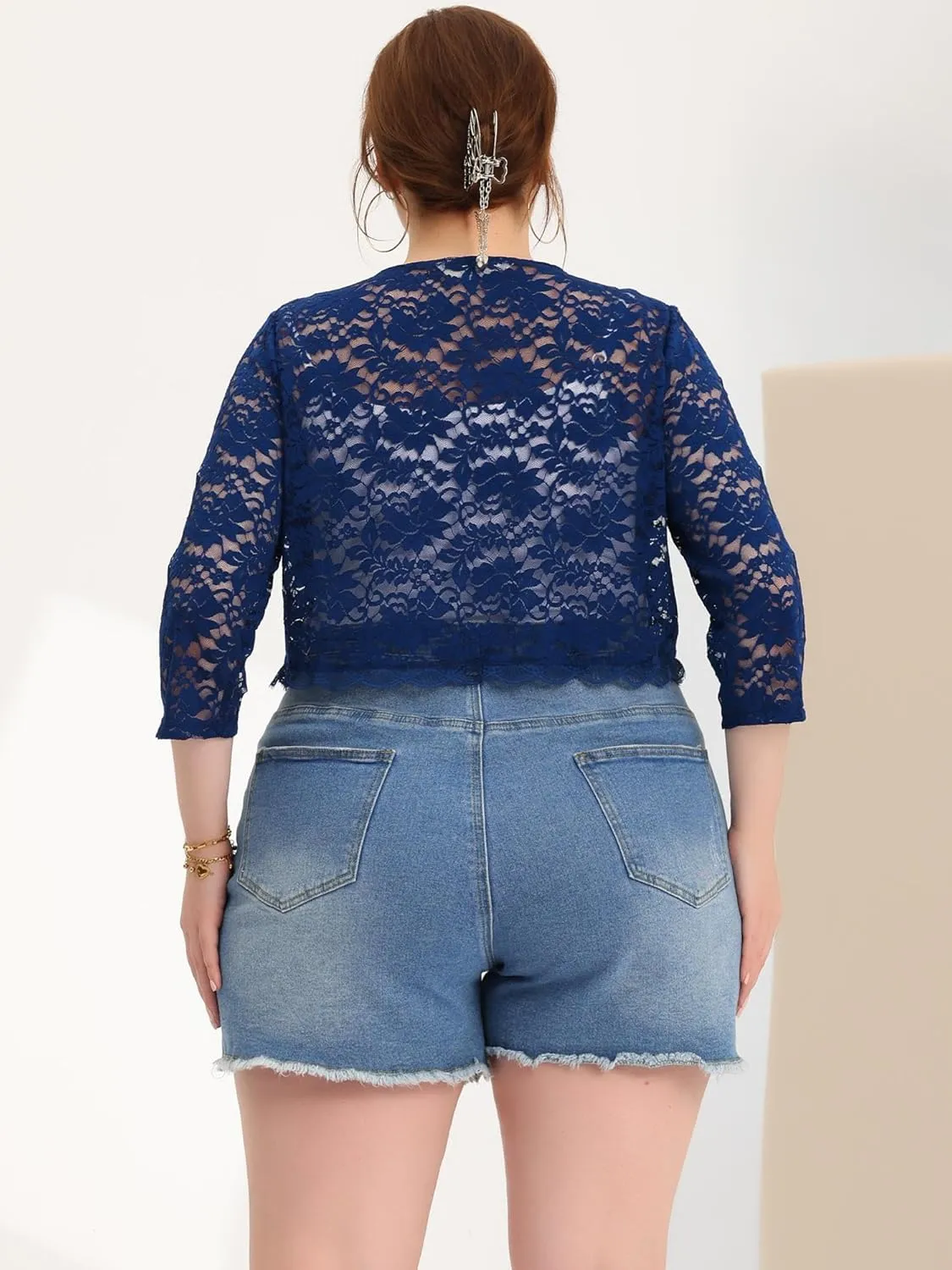 Agnes Orinda Bolero Cardigan for Women's Plus Size Office Tie Front Crop Floral Sheer Lace Shrug