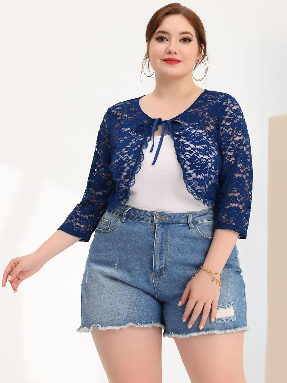 Agnes Orinda Bolero Cardigan for Women's Plus Size Office Tie Front Crop Floral Sheer Lace Shrug