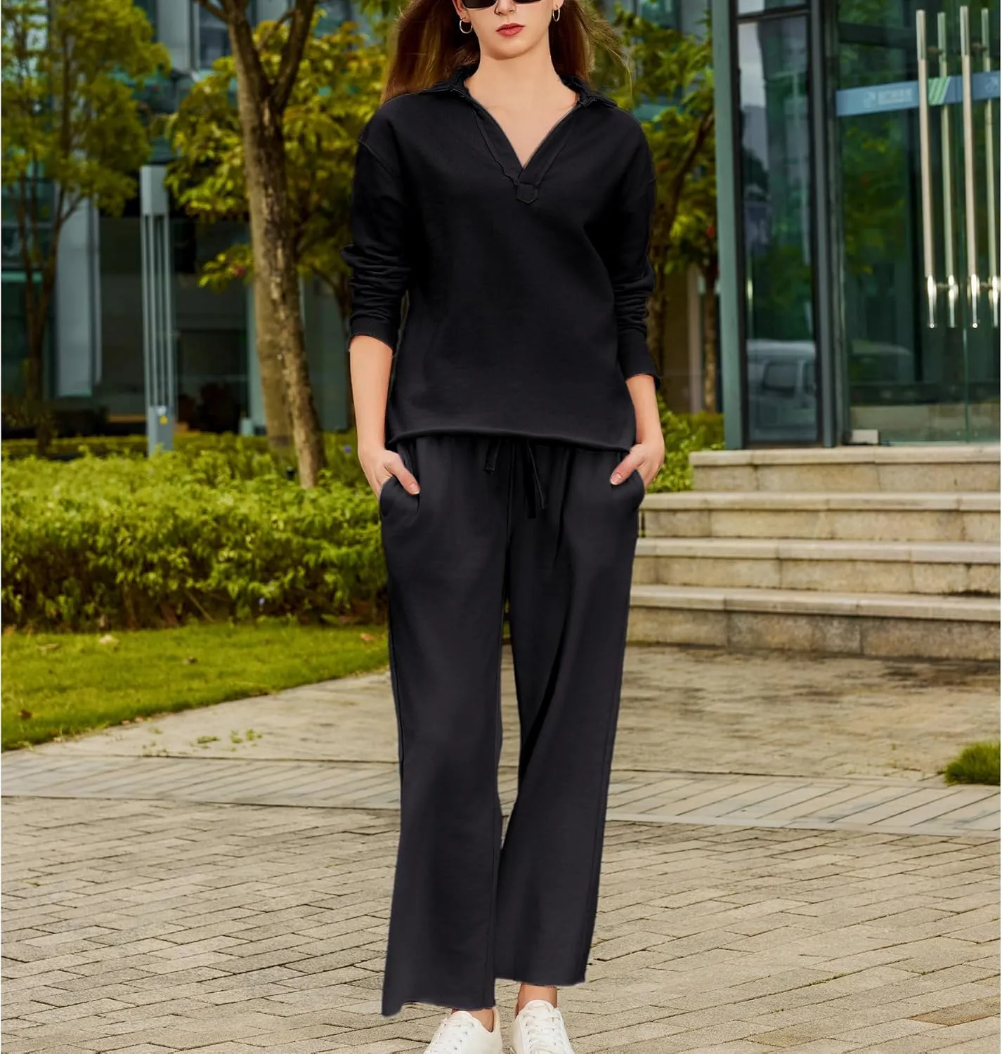 Ainangua Casual 2 Piece Sets for Women V Neck Long Sleeve Tops Wide Leg Pants Workout Outfits Fashion Carmel Travel Set