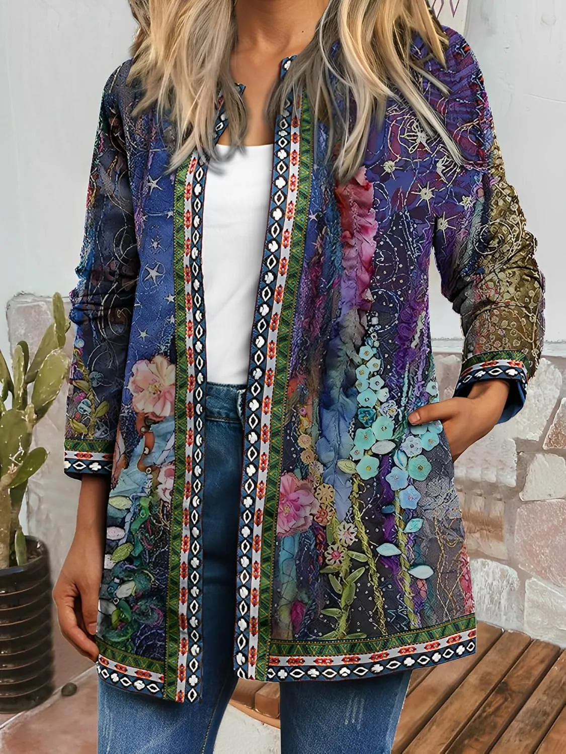 Akivide Women's Boho Ethnic Floral Print Long Sleeve Jacket Coat 2025 Trendy Fall Oversize Cardigan for Women with Pocket