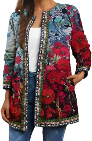 Akivide Women's Boho Ethnic Floral Print Long Sleeve Jacket Coat 2025 Trendy Fall Oversize Cardigan for Women with Pocket