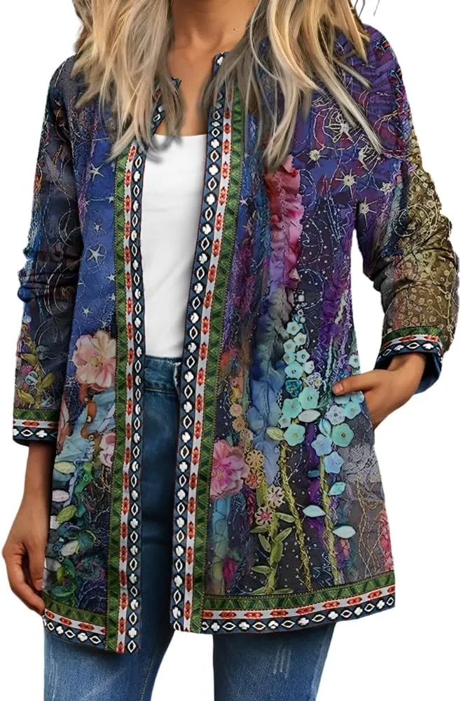 Akivide Women's Boho Ethnic Floral Print Long Sleeve Jacket Coat 2025 Trendy Fall Oversize Cardigan for Women with Pocket