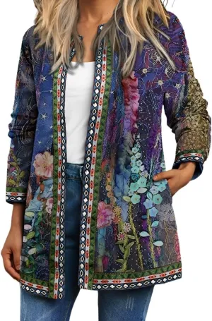 Akivide Women's Boho Ethnic Floral Print Long Sleeve Jacket Coat 2025 Trendy Fall Oversize Cardigan for Women with Pocket