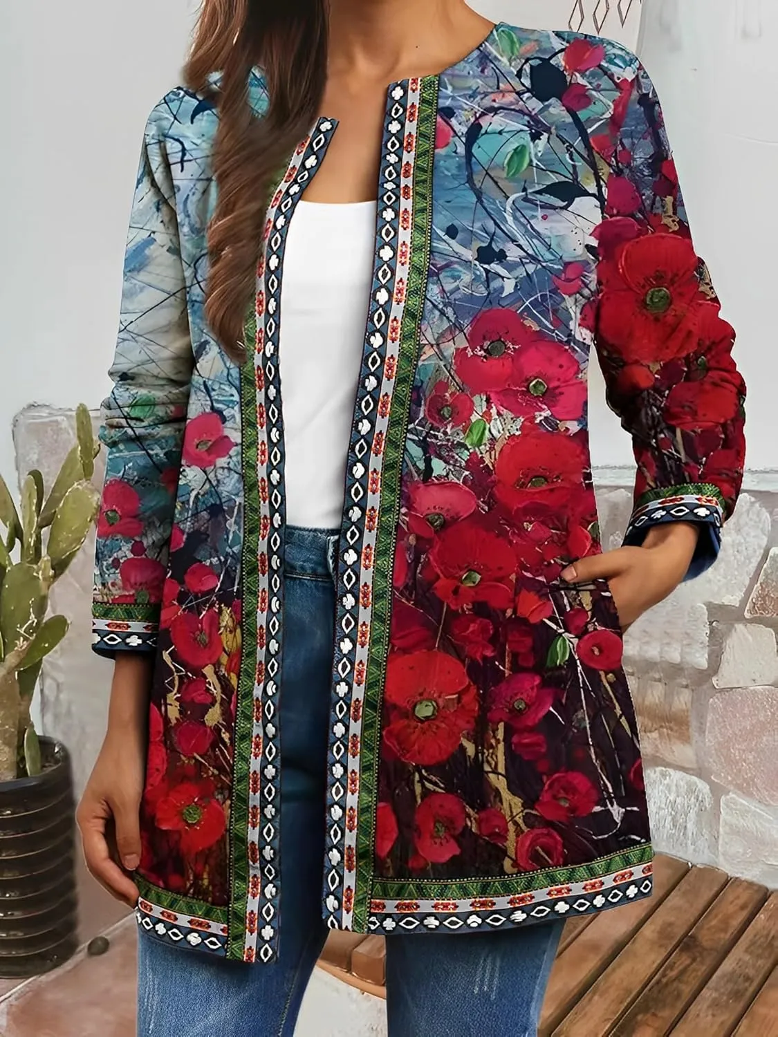 Akivide Women's Boho Ethnic Floral Print Long Sleeve Jacket Coat 2025 Trendy Fall Oversize Cardigan for Women with Pocket