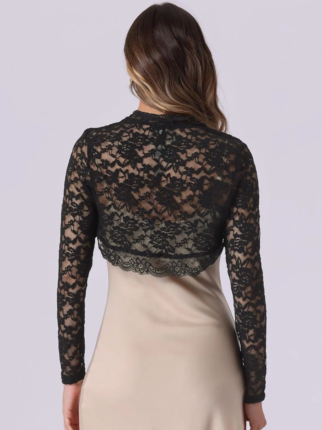 Allegra K Floral Lace Bolero Shrug Top for Women's Elegant Long Sleeve Open Front Cropped Cardigan