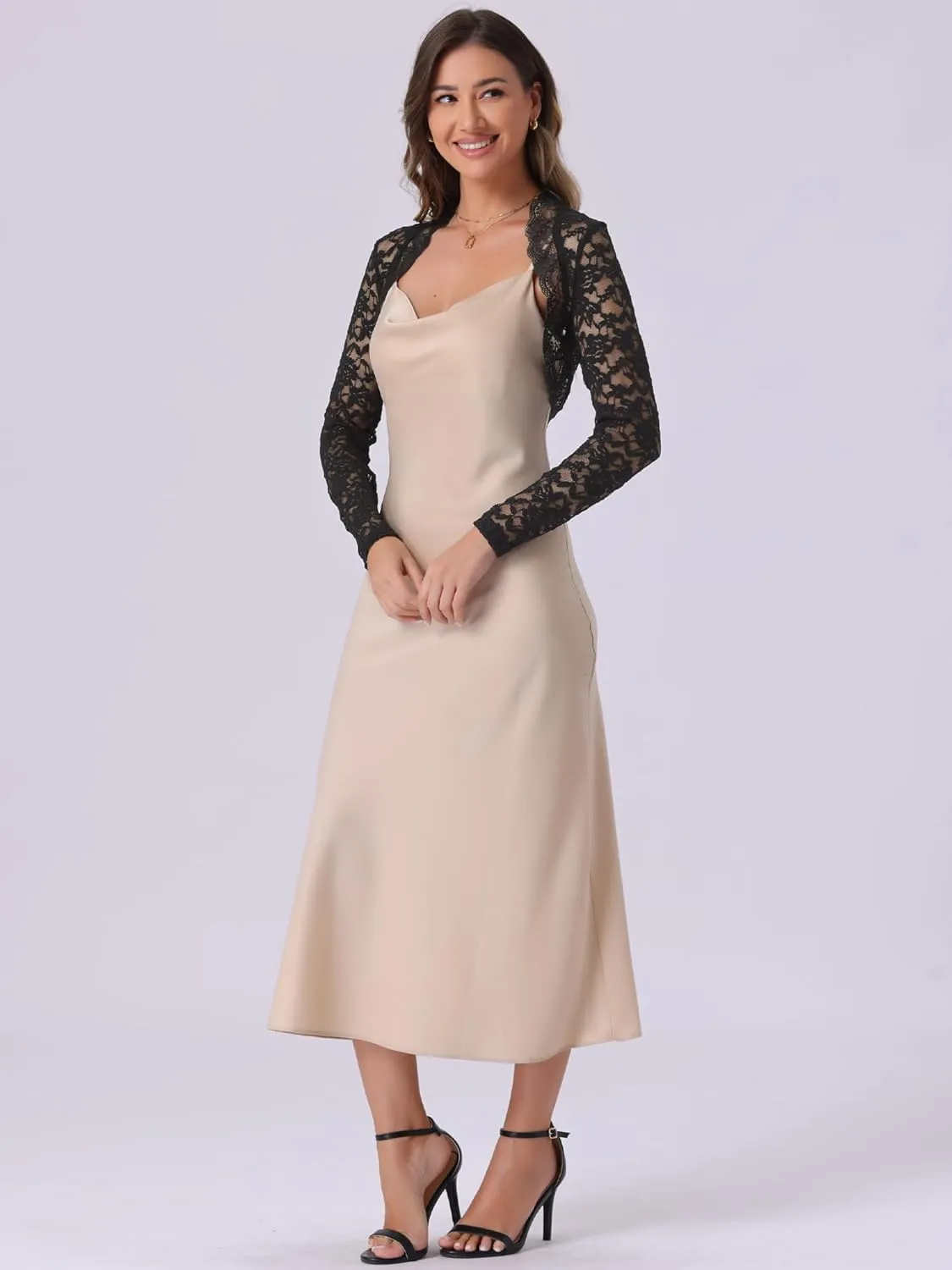 Allegra K Floral Lace Bolero Shrug Top for Women's Elegant Long Sleeve Open Front Cropped Cardigan
