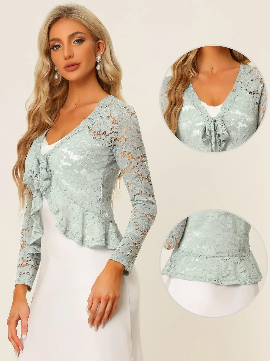 Allegra K Floral Lace Shrug for Women's Tie Front Top Ruffled Hem Office Sheer Crop Bolero Cardigan