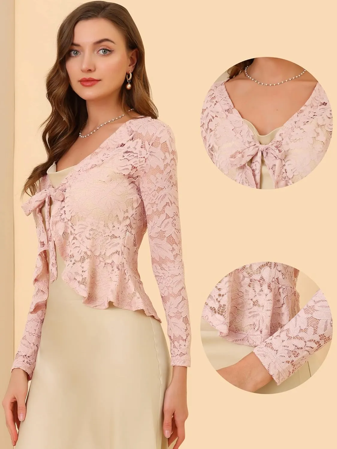 Allegra K Floral Lace Shrug for Women's Tie Front Top Ruffled Hem Office Sheer Crop Bolero Cardigan