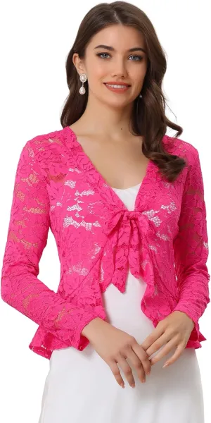 Allegra K Floral Lace Shrug for Women's Tie Front Top Ruffled Hem Office Sheer Crop Bolero Cardigan