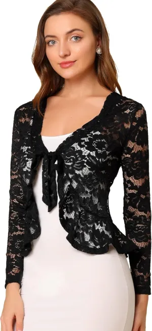 Allegra K Floral Lace Shrug for Women's Tie Front Top Ruffled Hem Office Sheer Crop Bolero Cardigan