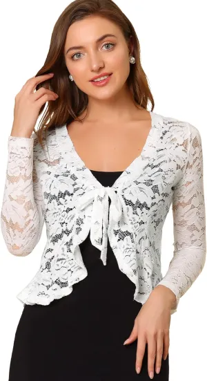 Allegra K Floral Lace Shrug for Women's Tie Front Top Ruffled Hem Office Sheer Crop Bolero Cardigan