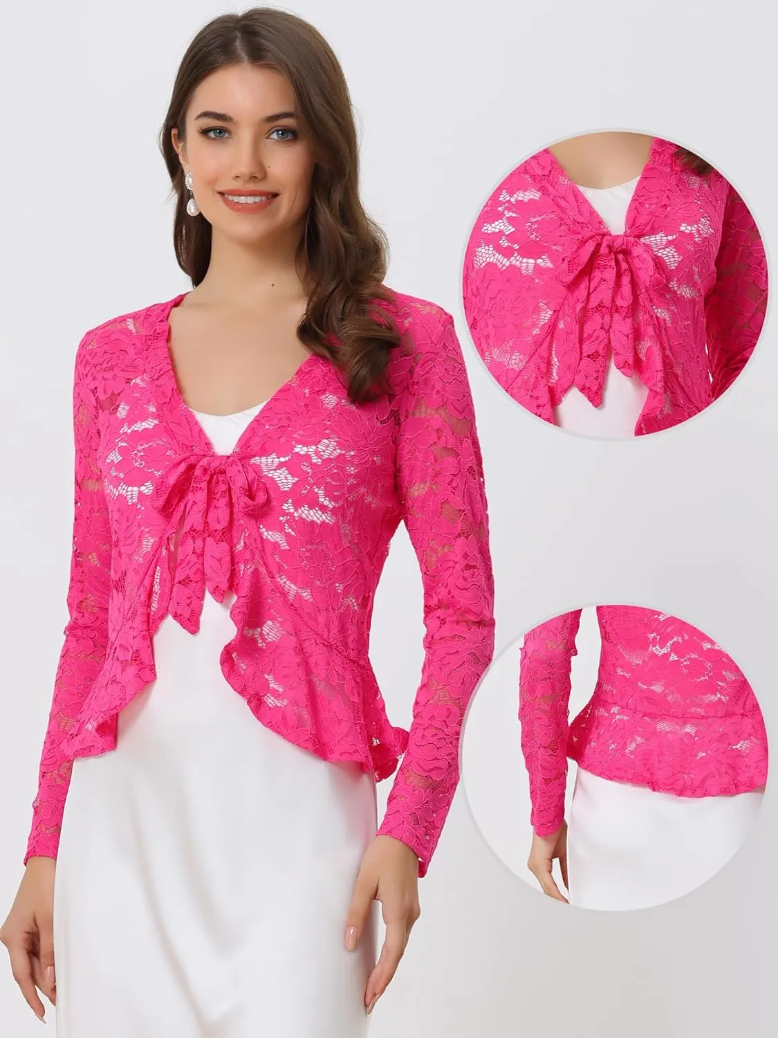 Allegra K Floral Lace Shrug for Women's Tie Front Top Ruffled Hem Office Sheer Crop Bolero Cardigan