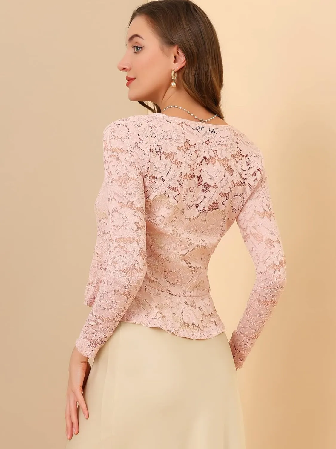 Allegra K Floral Lace Shrug for Women's Tie Front Top Ruffled Hem Office Sheer Crop Bolero Cardigan