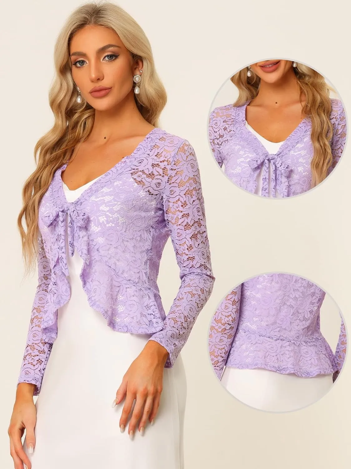Allegra K Floral Lace Shrug for Women's Tie Front Top Ruffled Hem Office Sheer Crop Bolero Cardigan