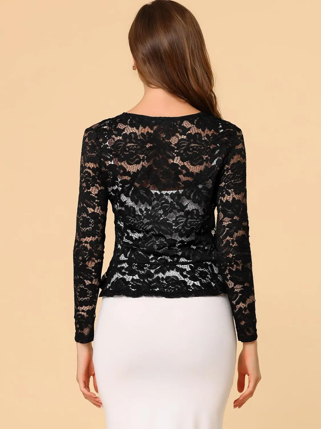 Allegra K Floral Lace Shrug for Women's Tie Front Top Ruffled Hem Office Sheer Crop Bolero Cardigan