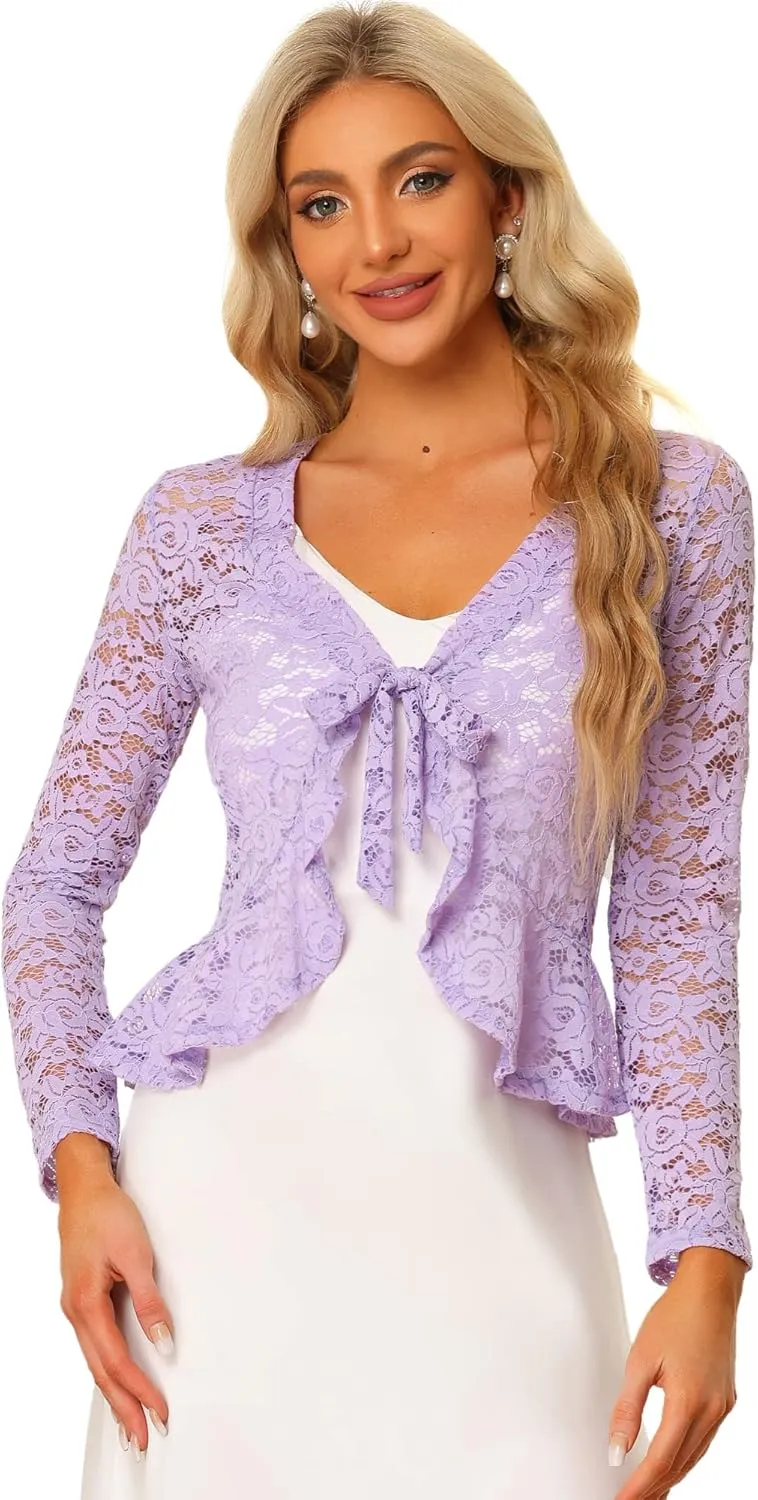Allegra K Floral Lace Shrug for Women's Tie Front Top Ruffled Hem Office Sheer Crop Bolero Cardigan