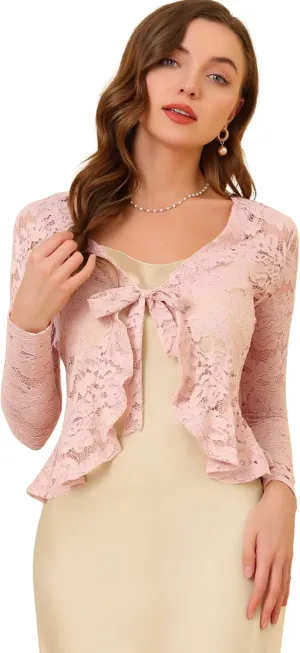 Allegra K Floral Lace Shrug for Women's Tie Front Top Ruffled Hem Office Sheer Crop Bolero Cardigan